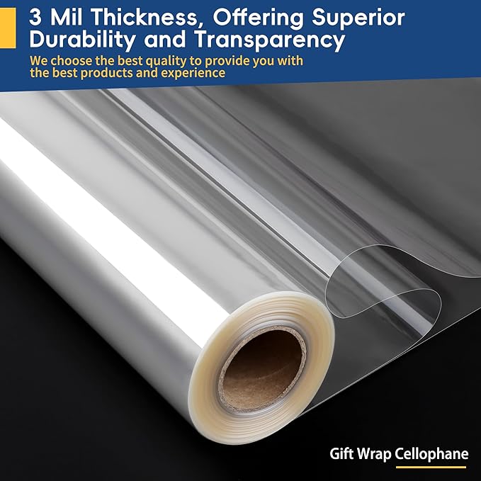POPGIFTU 148 ft Clear Cellophane Wrap Roll (34 in x 148 ft)-3 Mil Thicken Cellophane Roll, Large Clear Wrapping Paper to Flower Gift Baskets Wrap, Gift Basket Wrapping Supplies