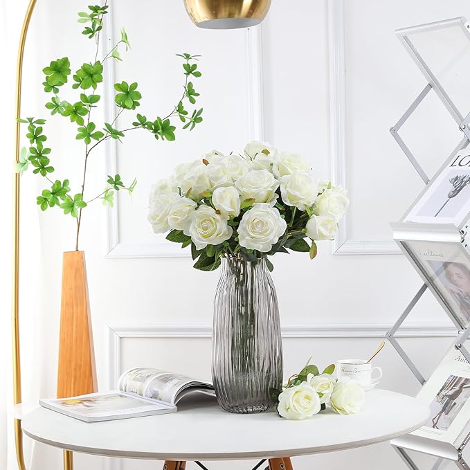 Tifuly White Roses Artificial Flowers - 12 pcs Realistic Long Stem Fake Roses Mashup Style Silk Roses for DIY Bouquets Wedding Centerpieces Arrangements Home Party Decor