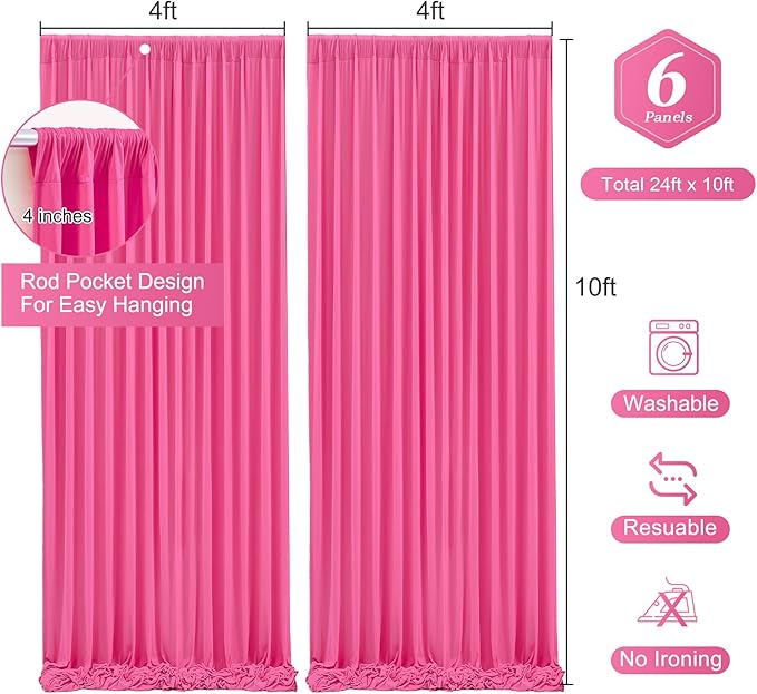 Hot Pink Backdrop Curtain 6 Panels-Wrinkle-Free Polyester Photography Drapes for Wedding Party Photo Background Decorations- 24 X10FT (Hot Pink)