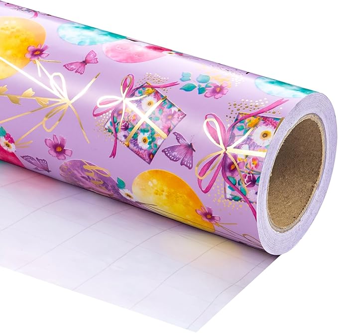 WRAPAHOLIC 30 Inch Purple Birthday Wrapping Paper - 30 Inch x 16.5 Feet - Gold Foil Fantasy Purple Happy Birthday Paper for Women Girls, Wedding, Bridal Shower