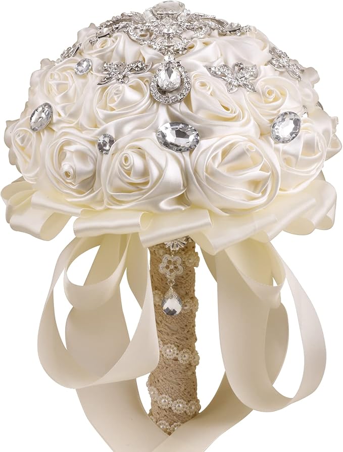 Handmade Brooch Wedding Flowers Bridal Bouquets Crystal Bride Holding Bouquet White Ivory Satin Roses with Diamond Pearl Ribbon (Luxury-White)