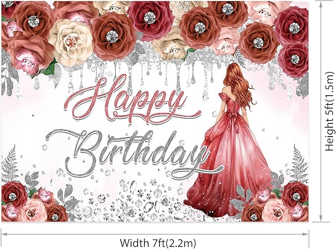 AOFOTO Happy Birthday Backdrop Red Beige Pink Rose Floral Diamond Print Photography Background for Women Girls Birthday Party Banner Home Wall Decor Photo Studio Booth Props 7x5ft