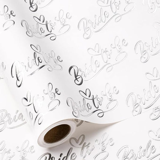 RUSPEPA Wedding Wrapping Paper Roll, Mini Roll, Elegant Bride to Be Text and Heart Design, Silver Foil Gift Wrap for Bridal Shower, Bachelorette Party, Wedding Celebration, 17 Inches x 16.4 Feet