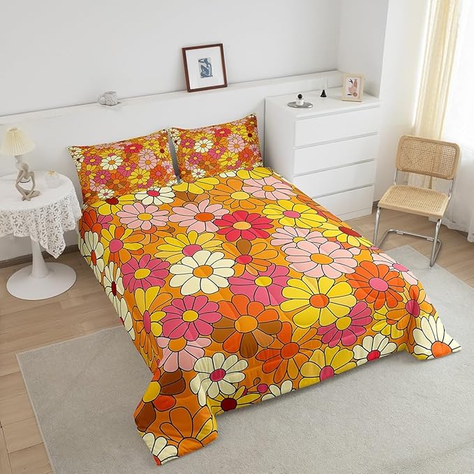 Castle Fairy Bohemian Flowers Queen Size Comforter Set,70s Floral Bedding Set with 2 Pillowcases,Hippie Retro Groovy Botanical Breathable Durable Polyester Bedding Set