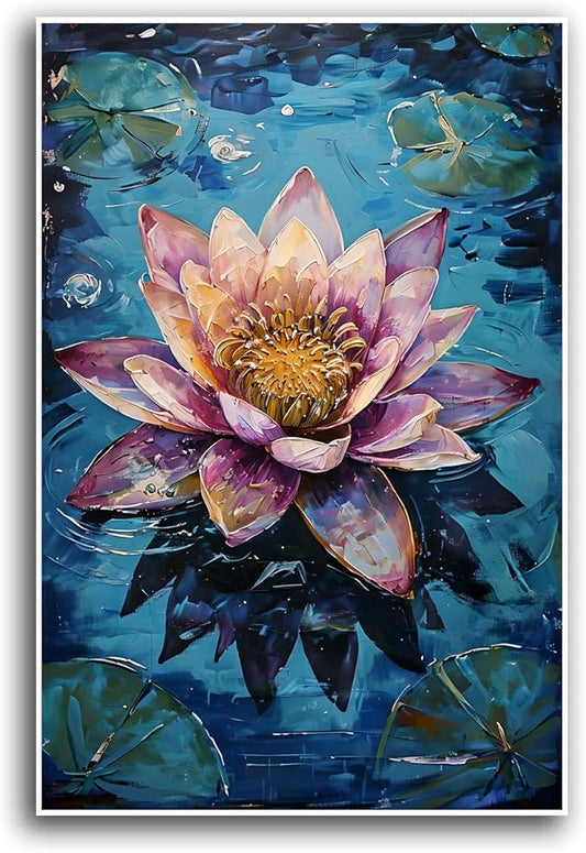 Gorgeous pink and purple water lilies on deep blue water Eye-catching oil painting Serene aquatic wall art for modern home decor 8x12in Frameless