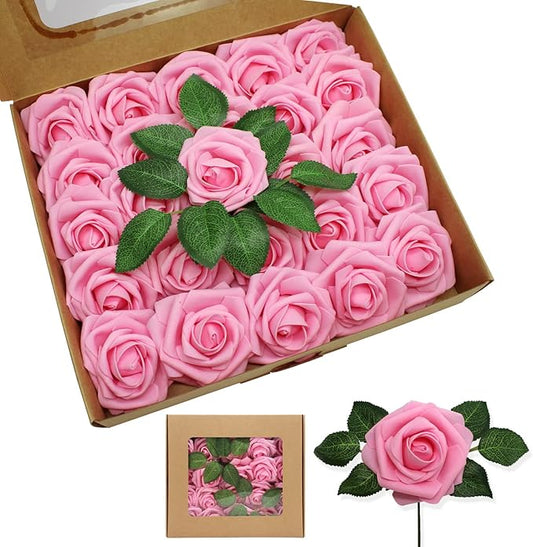 Artificial Roses Flowers 50pcs Real Looking Foam Fake Roses with Stems for DIY Wedding Bouquets Bridal Shower Centerpieces Party Decorations (50, Dark Pink)