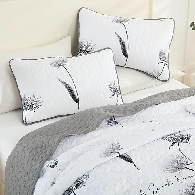 Dinjoy Gray Quilt Set Full Size, Floral Bedspread Set 3 Pieces Reversible Quilted Fall Bedding Set Microfiber Lightweight Bedspread Coverlet Farmhouse Set for Women Girls 78"x90"
