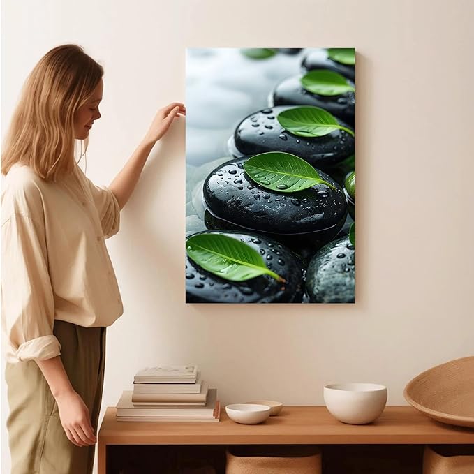 Glittering black stone cluster with fresh green leaves and water drops poster tranquil mist rain wall art zen wall art suitable for modern minimalist home decor 24x36in Wood Framed