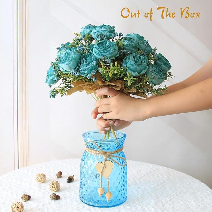 Fake Flowers in Vase,Fake Flowers with Vase,21 Pcs Faux Peony Flowers,Artificial Flowers for Home Decor, Indoor Centerpiece for Living Room & Dining Table (Blue)