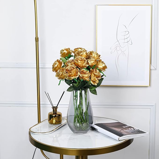 Nubry Artificial Silk Rose Flower Bouquet Lifelike Fake Rose for Wedding Home Party Decoration Event Gift 10pcs (Gold)