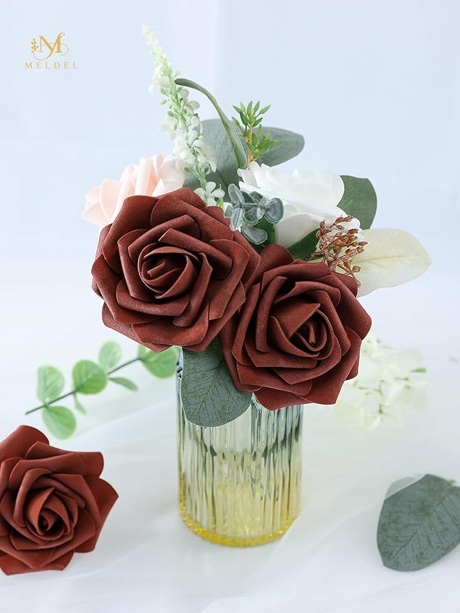 Meldel Artificial Flowers 50pcs Real Looking Rust Red Foam Fake Roses with Stems for DIY Wedding Bouquets Bridal Shower Centerpieces Floral Arrangements Home Decorations Bulk Crafts Rose