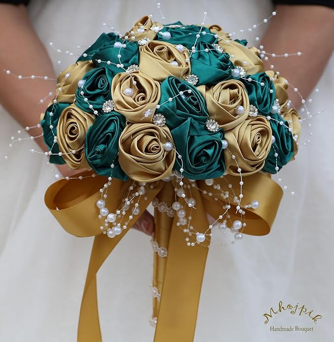 Bridal Wedding Bouquet Round Bling Brooch Bouquet Throw Toss Artificial Rose Flower Bunch for Bride Bridesmaid Wedding Quinceanera(Dark Green & Gold, 8.7")