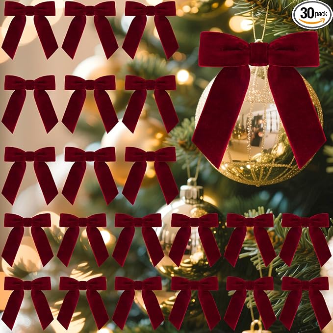 30 Pcs Velvet Ribbon Bows 3.5" x 3.5" Pre Tied Christmas Velvet Bows with Twist Tie for Gift Packaging Christmas Tree Wreaths Door Windows Wedding Party Decoration(Burgundy)