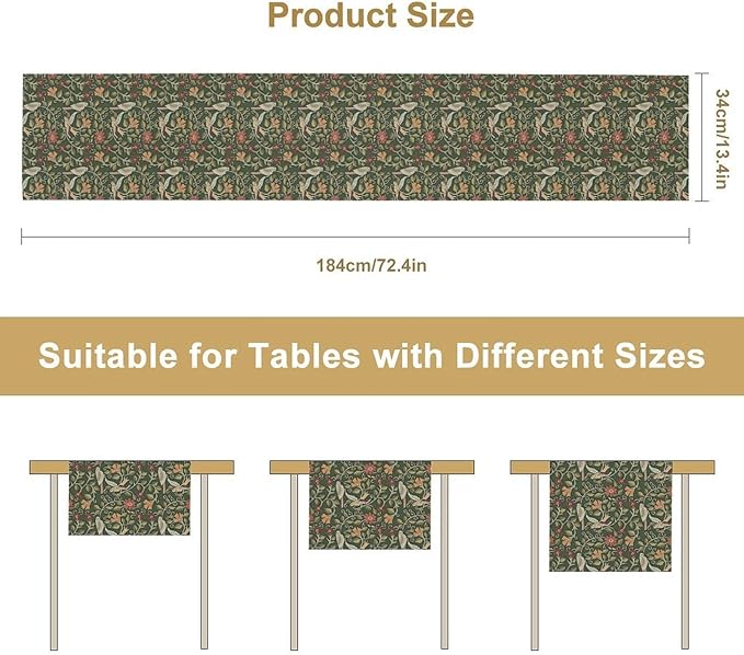 William Morris Table Runner, Vintage Boho Green Botanical Flowers Birds Tabletop Decoration for Kitchen Dining Indoor Outdoor Home Holiday Party, 13x90 Inch