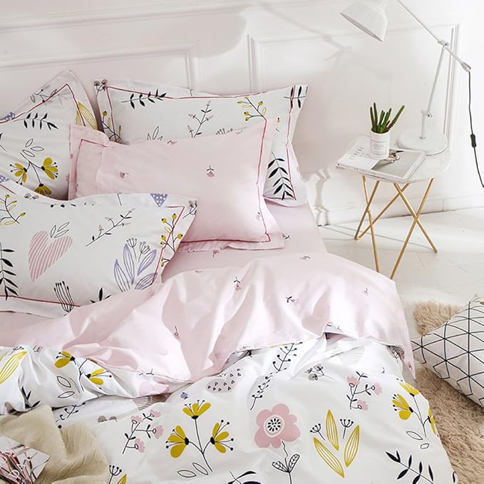 Girls Floral Duvet Cover King Boho White Pink Floral Bedding Sets Cotton Aesthetic Floral Comforter Cover Chic Flower Branches Bedding Sets Garden Style Pink Floral King Duvet Cover with 2 Pillowcases