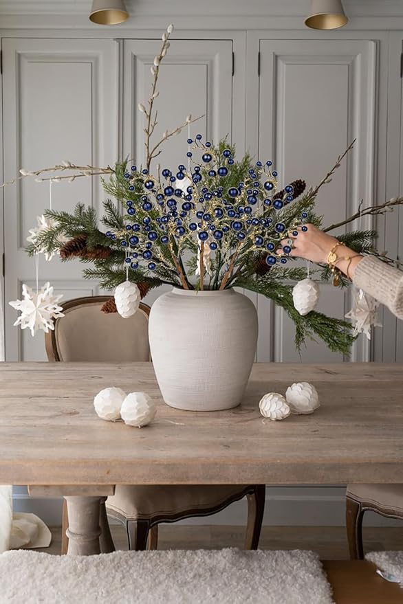 Hollyone 4 Pack Artificial Christmas Glitter Berries Stems, 19 Inch Fake Blue Holly Berry Picks with Ice Snow for Christmas Tree Wreath Floral Arrangements Holiday Home Vase DIY Crafts Decor