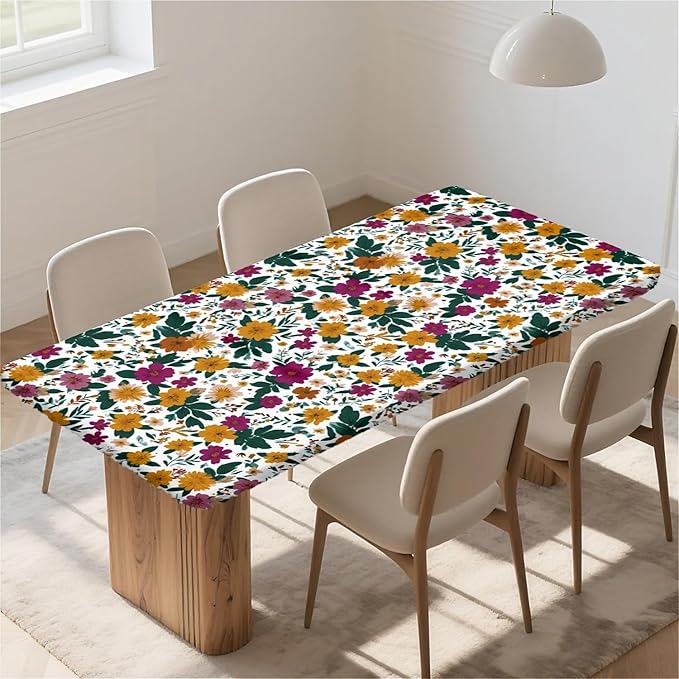 Rectangle Table Cloth Cover Waterproof Elastic Fitted Polyester Fitted Tablecloths for 4 Foot Tables for Indoor,Picnic, Camping, Outdoor （48" x 30"，Floral Print）