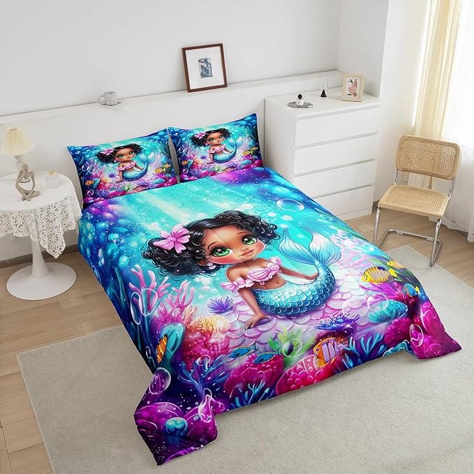 Cute Mermaid Comforter Set Queen Size,Reversible Cute Girl Fish Scale Print Black Bedding Set for Women Adult,African Style Cartoon Fairy Tale Theme Luxury Bed Duvet Insert, 2 Pillowcases