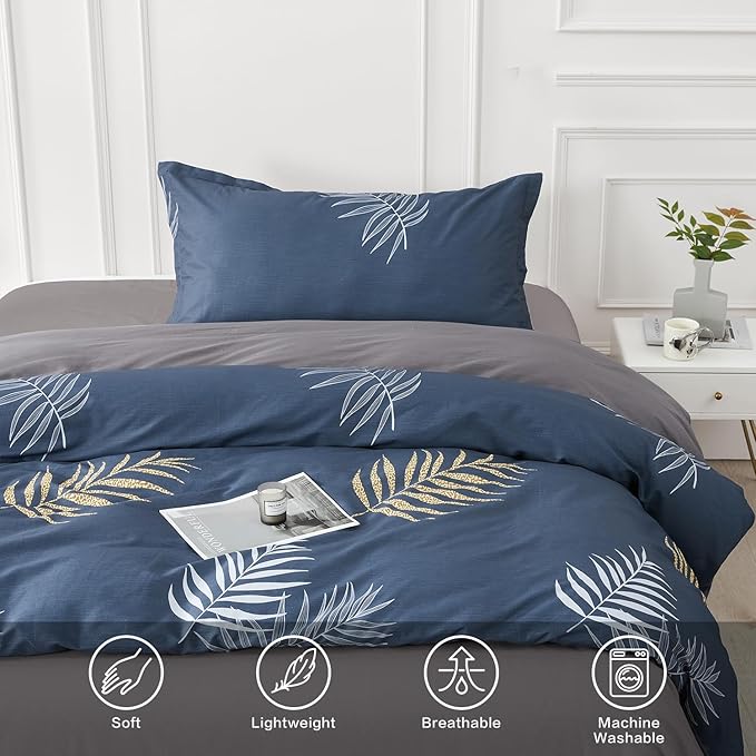 SAPHREAS Navy Blue Duvet Cover Set 2pcs Tropical Botanical Palm Leaves Bedding Comforter Cover Set Closure 1 Cotton Duvet Cover 68"x90" 1 Pillow Sham, Comforter Not Included