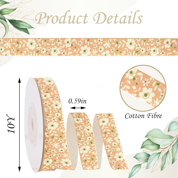 Orange Floral Ribbon 5/8" x 10Yards Vintage Flower Ribbon for Bow Wreath Craft Gift Wrap, Floral Flowers Printed Cotton Ribbons for DIY Handmade Hair Bow Festival Wedding Home Party Decor