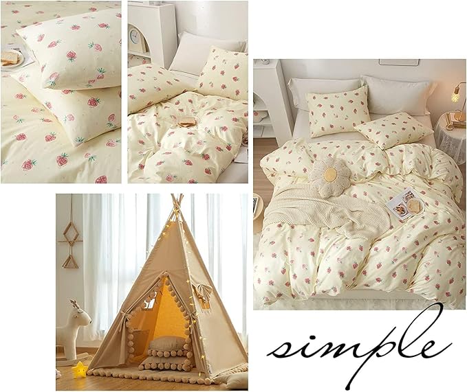 LifeTB Cute Strawberry Duvet Cover Full Size Soft Cotton Kawaii Strawberry Bedding Sets Kids Girls Bedroom Decor Cotton Comforter Cover 3 Pieces Cute Fruit Bedding Set Cream White with 2 Pillowcases