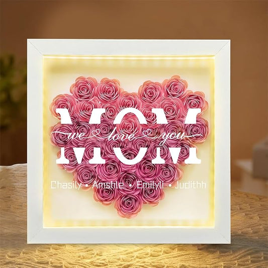Personalized Mom Flower Shadow Box with LED Light Custom Heart Shaped Rose Flower Shadow Box Frame Mother's Day Rose Shadowbox Memory Gifts for Mom from Daughter Christmas Birthday,21