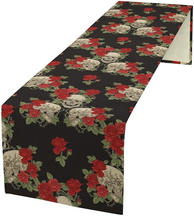 Gothic Table Runner,Red Rose Skull Print Table Runner for Home Kitchen Table Dining Garden Farmhouse Wedding Party Decor 13x60 Inch