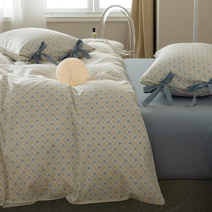 Blue Flower Comforter Set Full Checkered Grid Floral Comforter Set Kids Girls Vintage Country Style Coquette Bedding Comforter Full with 2 Bow Tie Pillowcases Cute Flower Botanical Comforter Set