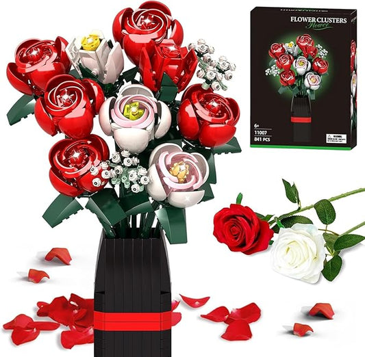 Roses Flower Bouquet Building Kit, 841PCS Red Roses Artificial Flowers with Vase, Botanical Collection Forever Rose Toy for Adults, Kids, DIY Gifts for Women, Her, Him Anniversaries