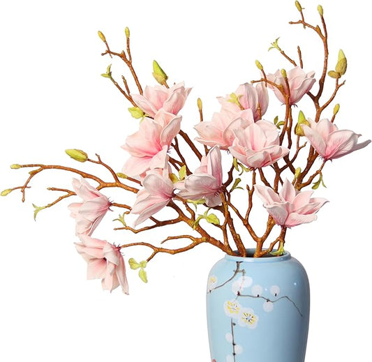 3pcs Artificial Magnolia Flower Branches, 31 Inch Long Stem Faux Floral, Premium Faux Bloom for Home Decor, Centerpieces, and Wedding Arrangements, Pink