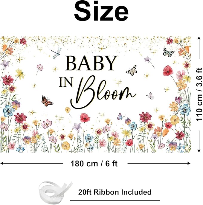 Avezano Wildflower Baby in Bloom Backdrop Banner Wildflower Baby Shower Party Decorations for Girls Gold Glitter Butterfly Spring Floral Baby in Bloom Party Supplies (6x3.6ft)