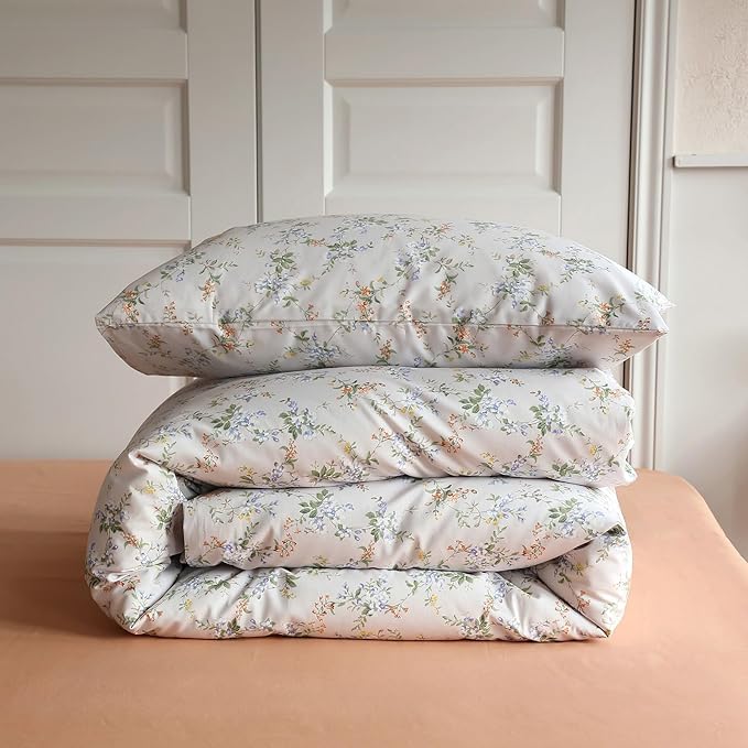 HighBuy Grey Comforter Set Twin XL Size Boho Style with Blue Flower Botanical Bedding Comforter for Cute Cottage Bedding Collection All Season,Decorative Elegant Cozy Cooling Comforter