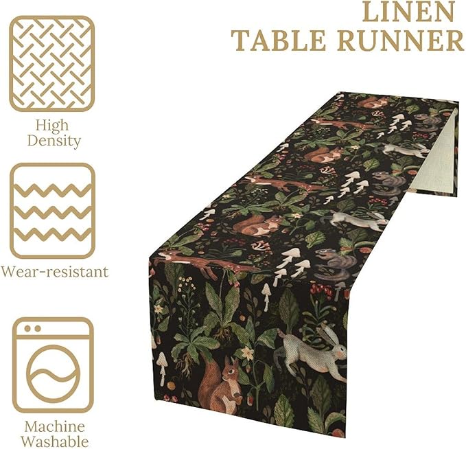 Rustic Woodland Table Runner, Rustic Forest Wild Animals Bunny Rabbit Squirrel Mushroom Plants Table Runner for Holiday Farmhouse Kitchen Dining Table Decor, 13x36inch