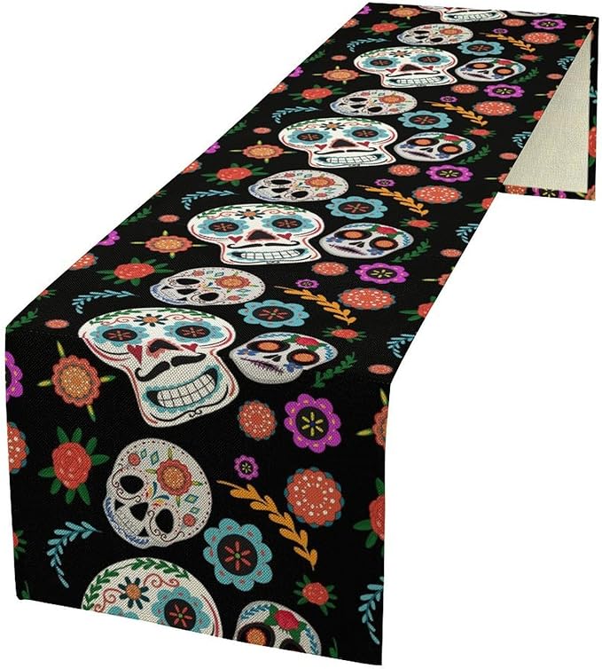 Gothic Skull Table Runner,Vintage Style Colourful Table Runner for Home Kitchen Table Dining Garden Farmhouse Wedding Party Decor 13x120 Inch