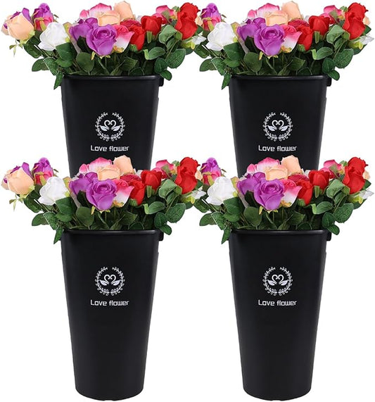 4 Pack Plastic French Floral Bucket, 15.74" Tall Floral Vases with Handles, Black