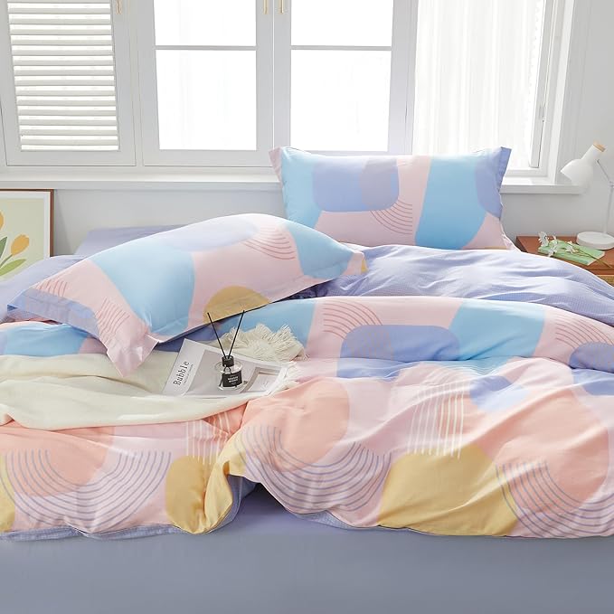 SAPHREAS Orange Blue Geometric Blocks Duvet Cover Set Queen Size 3pcs 100% Cotton Colorful Bubble Bedding Comforter Cover Set 1 Duvet Cover 2 Pillow Shams