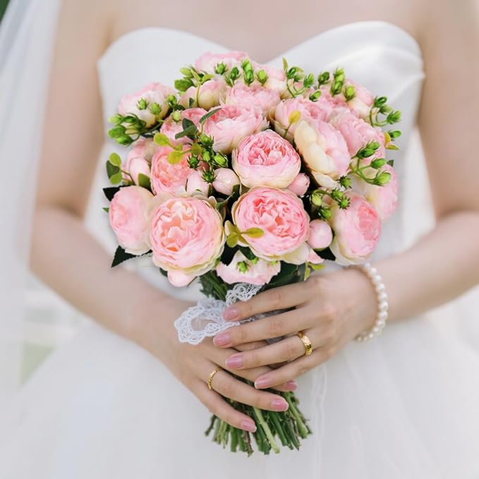 DEEMEI Artificial Peonies Flower Silk Peony Bouquet 4 Bundles Faux Persian Rose with Eucalyptus Leaves for Home Wedding Party Decoration (Light Pink)