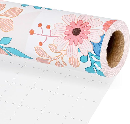 BIOBROWN Kraft Floral Wrapping Paper Roll - 17 Inches X 33 Feet (47 sq. ft. ttl.) Pink Pastel Daisy Design Flower Gift Wrap for Wedding, Bridal Shower, Birthday