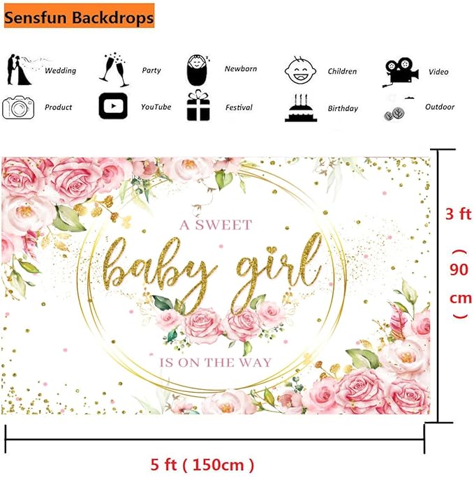 Sensfun Glitter Gold Pink Floral Baby Girl Baby Shower Backdrop Banner Decorations,Watercolor Flower Its a Sweet Baby Girls Baby Shower Party Decor Photography Background Photo Booth Shoot Props 5x3ft