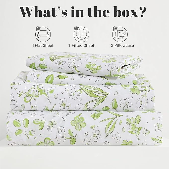 Bedlifes King Sheet Set Ultra Soft, Breathable, Silky Flower Deep Pocket 100% Microfiber Bedding, 4 Piece King Size Green Floral