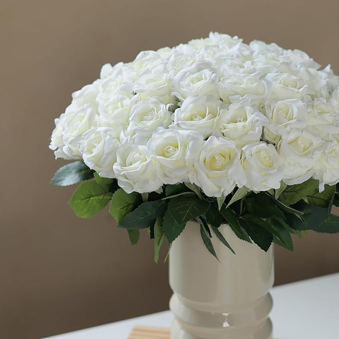 YXZZWL 60 Pcs Artificial Roses in Bulk, Fake Silk Roses Realistic Roses Stem Faux Roses Bouquet for Wedding Centerpieces Flower Arrangement Home Decor (White)