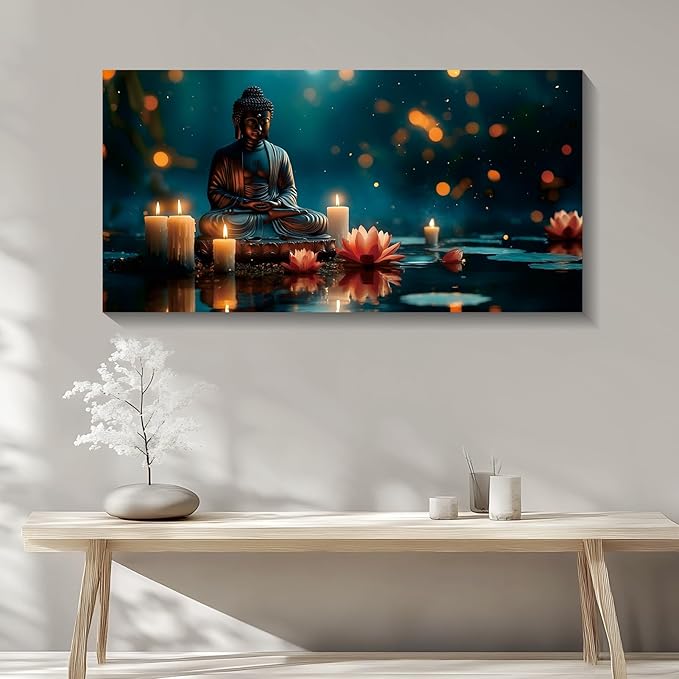 Iallbin Buddha Wall Art & Zen Wall Decor, White Lotus on Water Canvas Painting - for Yoga Meditation Room, Spa & Bathroom, Blue Art Deco Style, 48x24 Inches
