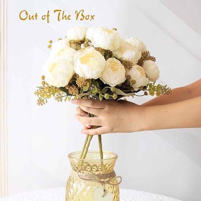 Fake Flowers in Vase,Fake Flowers with Vase 21 Pcs Faux Peony Flowers,Artificial Flowers for Home Decor, Indoor Centerpiece for Living Room & Dining Table (White)