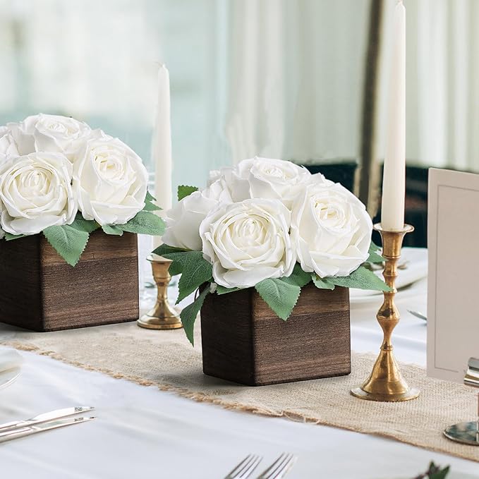 Dining Table Centerpiece Set of 6 - Pre-Made Aritifial Rose with Wooden Vase Fake Floral Arrangment Faux Flower for Wedding Bridal Tea Party Event Decorations - White