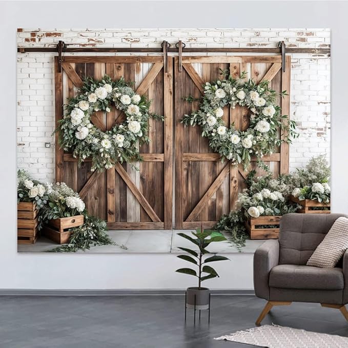 Rustic Barn Door Photography Backdrops, White Flower Wood Brown Barn Door Backdrop, Wedding Birthday Party Decors Photo Booth Props 12x10ft