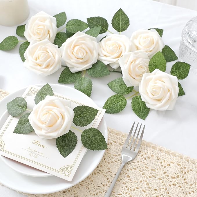 DerBlue 60pcs Artificial Roses Flowers Real Looking Fake Roses Artificial Foam Roses Decoration DIY for Wedding,Arrangements Party Home Decorations