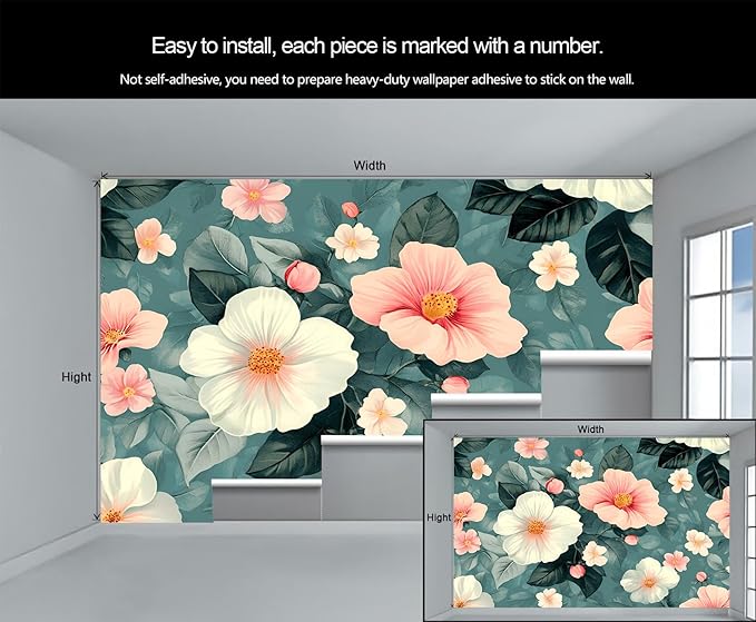 Vintage Hibiscus Flower Wall Mural, Romantic Floral 3D Wall Murals, Botanical Bloom Design Wallpaper Mural, for Living Room Bedroom Large Wallpaper Indoor Decor 118" W x 82.6 "H