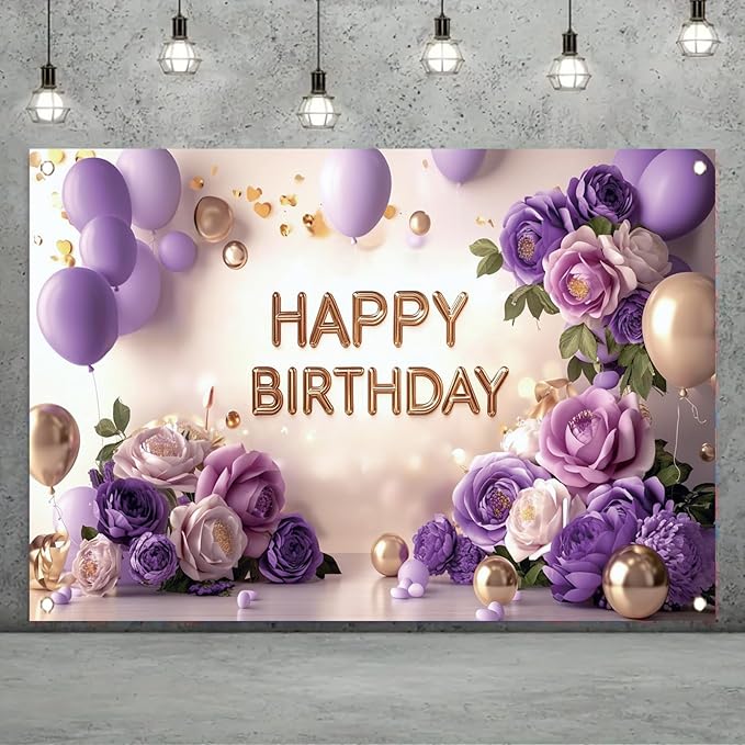 Purple Gold Happy Birthday Backdrop Banner Elegant Flowers Balloons Photography Background Glitter Birthday Decorations for Women Girls Party Supplies Photo Booth Props 71x43 Inch