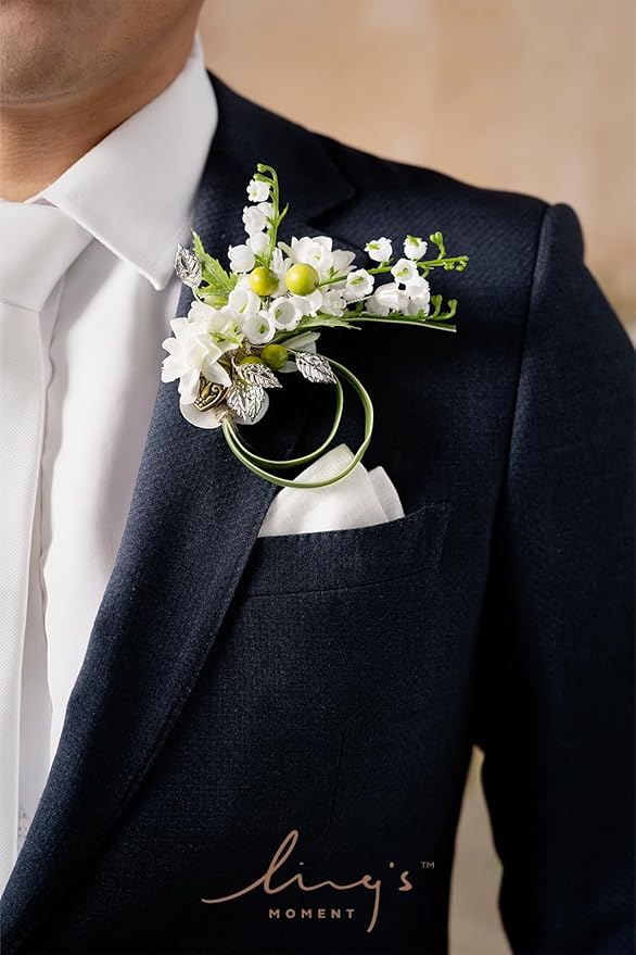 Ling's moment Boutonniere for Men, 6pcs Groom Groomsmen Boutonniere, Artificial Flowers for Wedding Decor/Prom/Homecoming, etc.White Lily & Olive