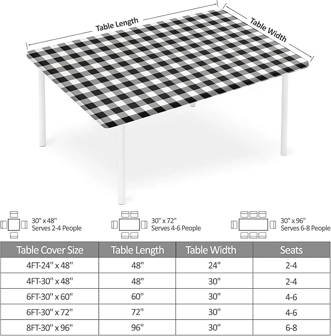 Rectangle Table Cloth Cover Waterproof Elastic Fitted Polyester Fitted Tablecloths for 4 Foot Tables for Indoor,Picnic, Camping, Outdoor （48" x 30"，Black Grid）